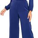 YUNDAI Womens Jumpsuit Fall Long Sleeve V Neck Casual Loose One Piece Outfits Wrap Waist Pants Long Romper with Pockets, M