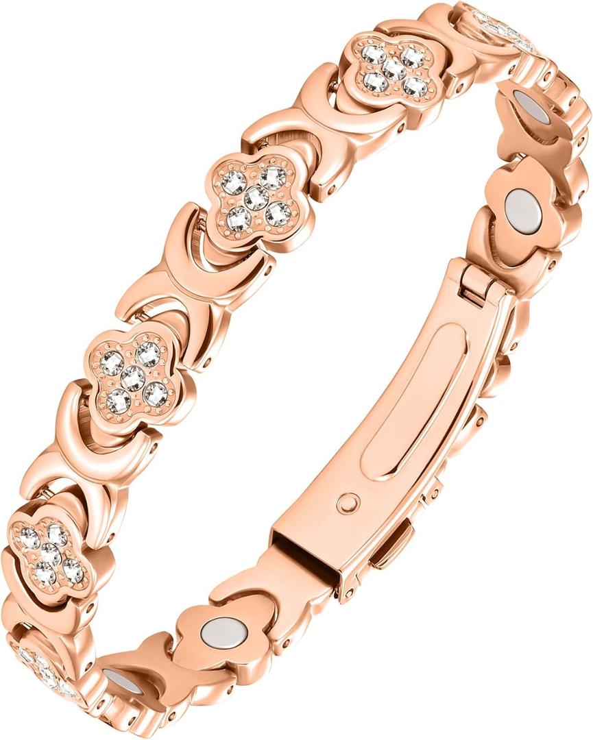 Jecanori 5X Strength Magnetic Copper Bracelet for Women Ellipse Magnets Pure Copper Magnetic Bracelet Premium Butterfly Clasp & Adjustable Length Four-Leaf Clover Health Bracelets (Classic, rose gold)
