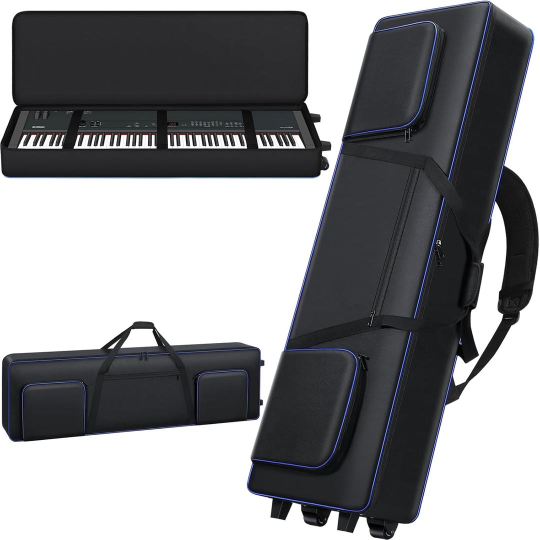 88 Key Keyboard Case Soft with Wheels (52.75''x12.2''x7.1''), Rolling Piano Keyboard Case with Roller/Carrying Handle/Backpack-Strap, Keyboard Gig Bag with 3 Pockets (S)