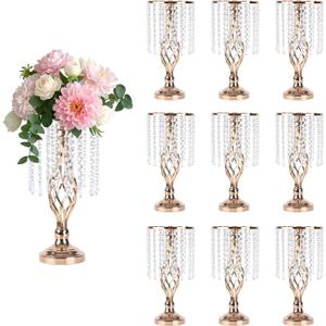 10 Pcs Crystal Flower Stand Gold Wedding Centerpieces 16.9 Inch Tall Gold Vase with Chandelier Metal Wedding Centerpiece Vase for Birthday Party Reception Festivals Party Decor (S-16.9inch)