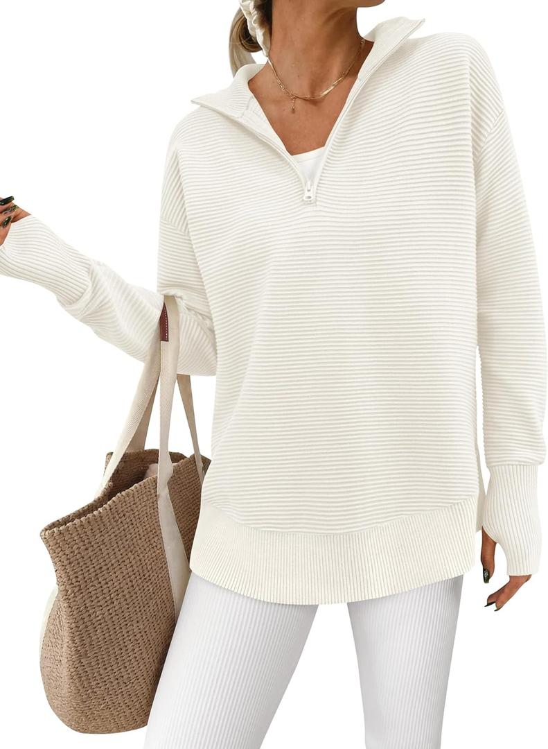 PRETTYGARDEN Womens Long Sleeve Quarter Zip Pullover Sweater Casual Loose V Neck Collared Ribbed Knit Jumper Tops Thumb Hole (White, M)