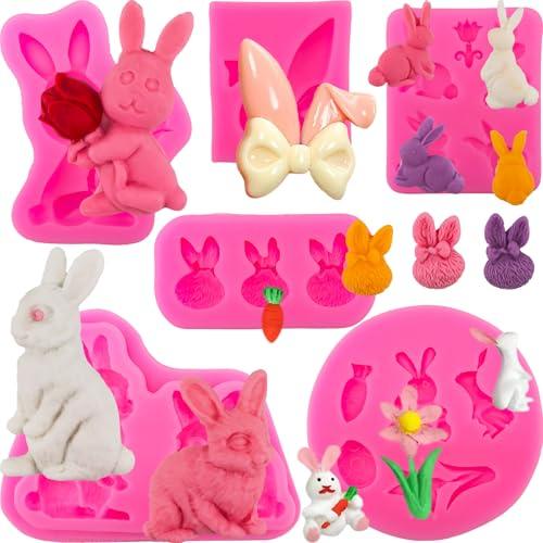 XBYzuzi 6Pcs Easter Fondant Molds - 3D Rabbit Bunny Ears Carrots Flowers Silicone Molds for Cupcake Cookie Gum Paste Baking Decorating