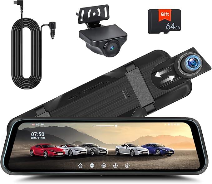 Rear View Mirror Camera, Mirror Dash Cam for Car 1080P Front & Rear Mirror Cameras 9.66 Inch HD IPS Full Touch Screen 64G Card Night Vision Motion Detection Loop Recording 24H Parking Monitor GSensor