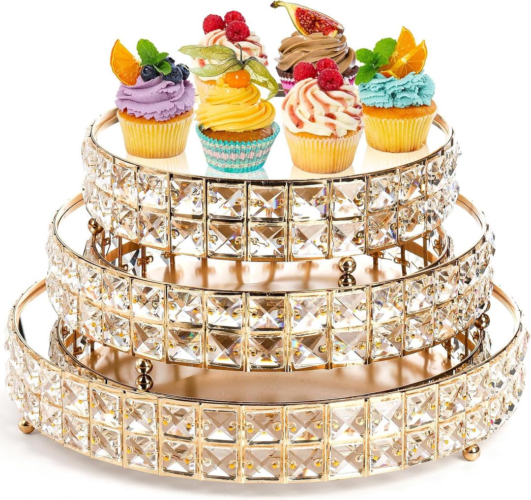 Goaste 3 Pack Crystal Cake Display Stand with Mirror, 14" 12" 10" Metal Pedestal Gold Round Cake Plate Stand, Dessert Cookies Fruit Serving Tray with Shining Crystal Beads for Wedding, Birthday Party
