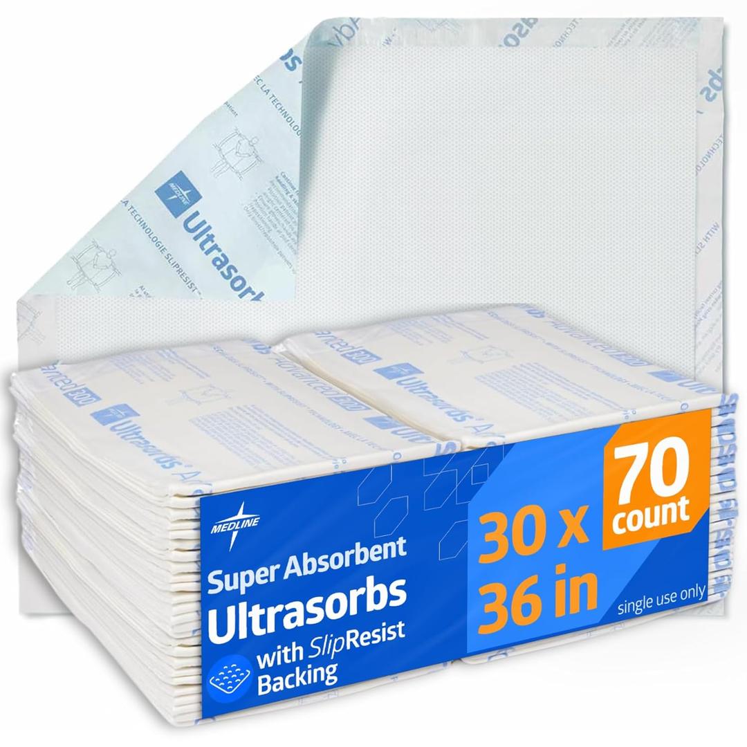 Medline Ultrasorbs Drypads with SlipResist Technology, 30" x 36", 70 Count, Super Absorbent Disposable Bed Pads, Incontinence Bed Pads, Adult Bed Pads, 10x More Absorbent, Chucks for Adults, Elderly