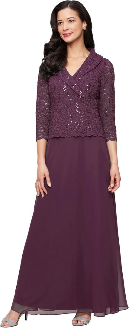 Alex Evenings Women's 3/4 Sleeve Portrait Collar Stretch Lace Bodice Mother of The Bride Dress, 12, Deep Plum