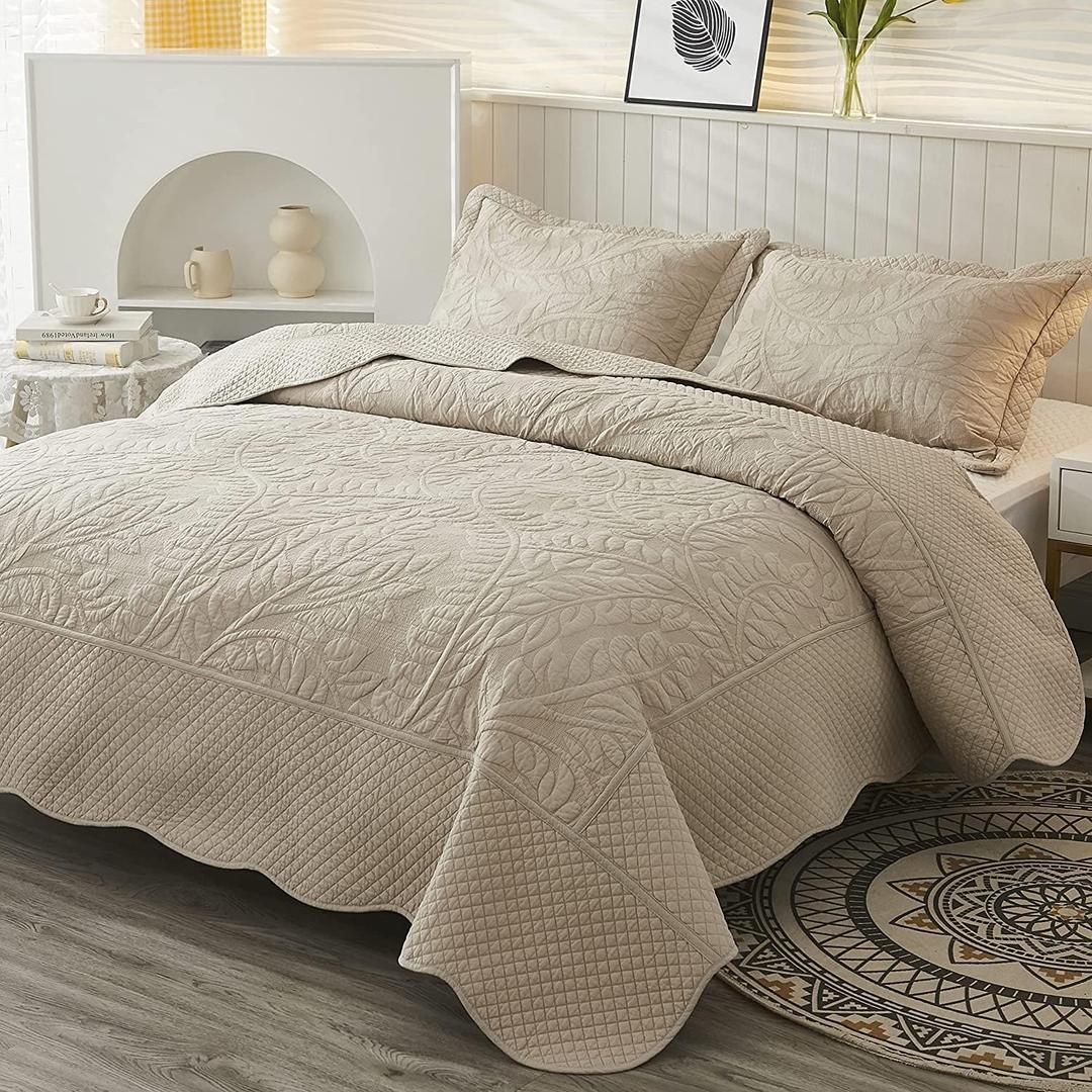 MarCielo 3-Piece 100% Cotton Oversized Bedspread Lightweight Quilt Coverlet Embroidery Farmhouse Bedding Set T0 (Yellowish Beige, Oversized King (118"x106")