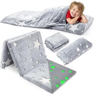 Preschool Nap Mat with Pillow and Blanket, 21" x 50" Glow Sleeping Bag Toddler Nap Mat for Daycare Kids, 2" Thick All in one Foldable Floor Mattress for Girl Boys
