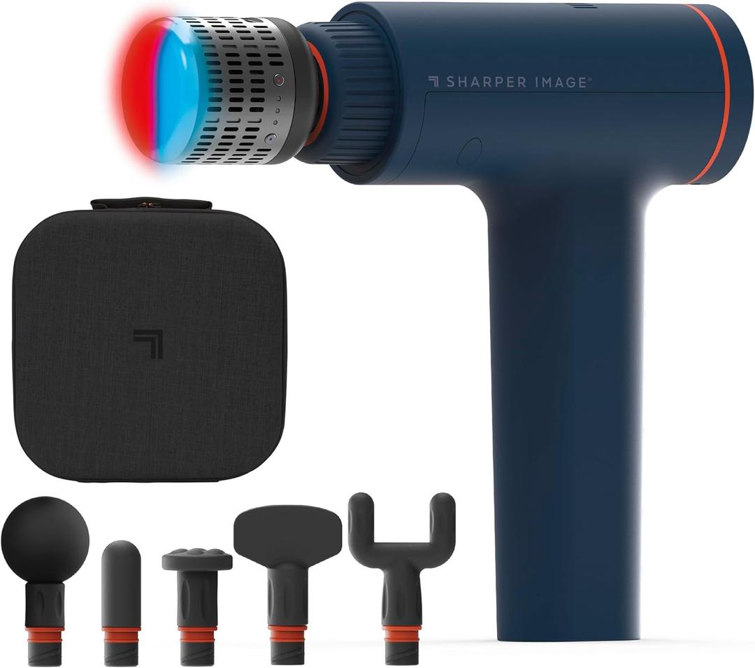 Sharper Image Deep Tissue Percussion Massage, Powerboost Versa Hot & Cold Rechargeable Handheld Massager, 5 Adjustable Speeds, 6 Attachment Heads & Carrying Case, for Muscle Pain Relief, Blue