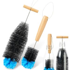 2 Pack Sponge Bottle Brush Compatible with SodaStream, Soda Bottle Cleaner Brush with Gentle & Anti-Scratch Bristles, Wood Handle for Glassware Cleaning, Black