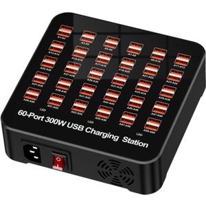USB Charger USB Charging Station for Multiple Devices 300W (60A) 60 Ports Wall Charger Charging Hub Desktop Fast Charging Block Compatible with iPhone iPad Laptop Smartphones