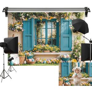 Kate 10x10ft/3x3m Easter Backdrop for Photography Blue Window Floral Bunny Photoshoot Background Photo Video Studio Props (BH1052925)