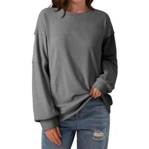 Dokotoo Oversized Crewneck Sweatshirt for Women Long Sleeve Soft Knit Tops Striped Contrast Tunic Shirts Fall Winter Clothes (Gray, XXL)