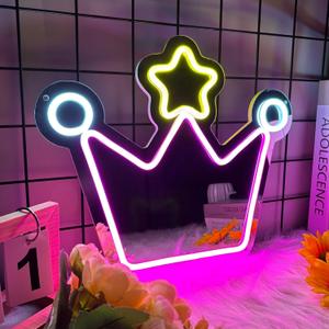 Moneter Anime Crown Mirror with Neon Signs, Wall Mount, Lighted & Neon Signs, Classic & Modern Style, 13.4 x 16 Inches