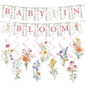 Baby in Bloom Floral Banner Garland, 13PCS Wildflower Baby Shower Decorations Floral Hanging Swirls Banner Garland for Girls Baby in Bloom Baby Shower Decorations