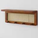 PE Rattan Key Holder with 4 Key Hooks ,Wall Mounted Decorative Floating Shelf for Entryway,Nursery,Mudroom, Hallway, Office (Retro Brown)
