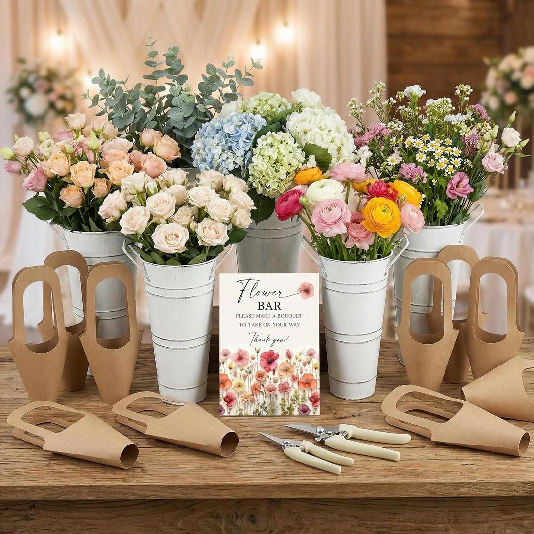 LEIFIDE Flower Bar Buckets Set Kit Bloom Bar Supplies Include Wood Sign Gift Bags Iron Bucket Garden Flower Shears for Wedding Bridal Shower Graduation Birthday Table Centerpieces(39 Pcs,White)