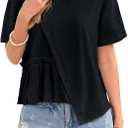 No Brand Women's Summer Tops Floral Lace Chiffon Crochet Blouses Asymmetrical Hem Short Sleeve Shirts Round Neck Trendy Tunic L, Black