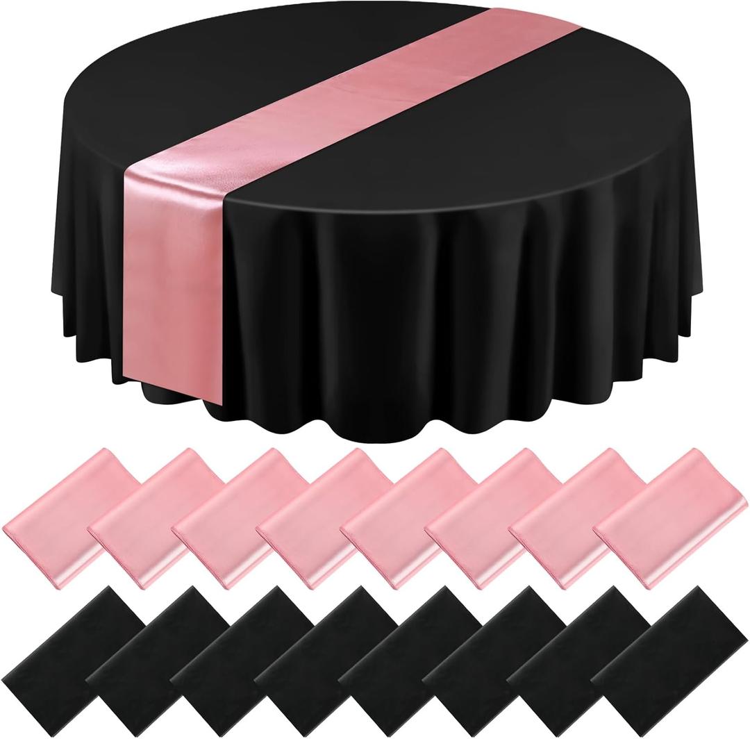 Tudomro 16 Pcs Black and Rose Gold Round Plastic Tablecloth and Satin Table Runner Set 84 Inch Round Covers 12 x 108 Inch Table Runners for Christmas Wedding Birthday Party Baby Shower