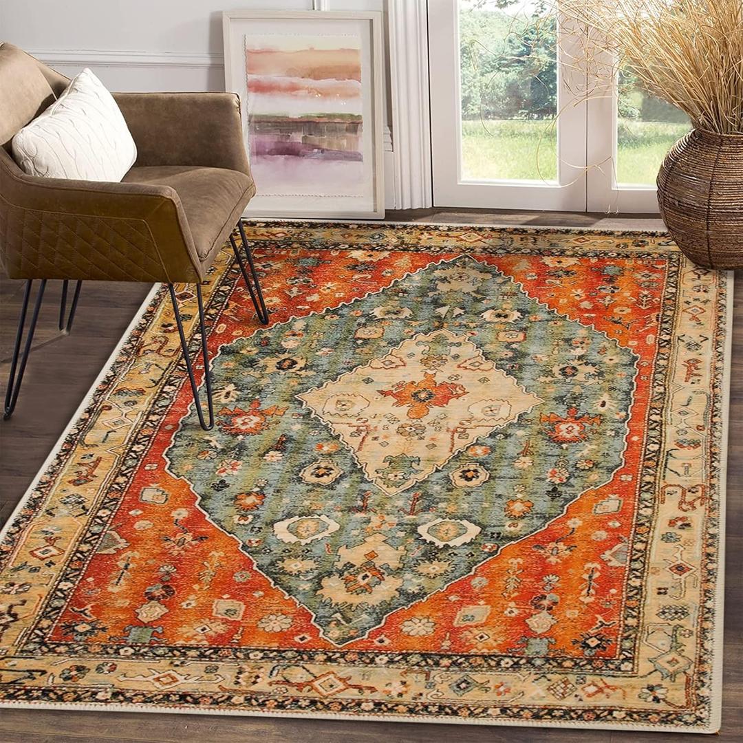 COMSLE Boho Area Rug, 4' x 6' Machine Washable Rugs for Entryway Faux Wool Large Rugs Distressed Throw Rug Non-Slip Floor Carpet for Indoor Bedroom Kitchen Living Room (Red/Green-3)