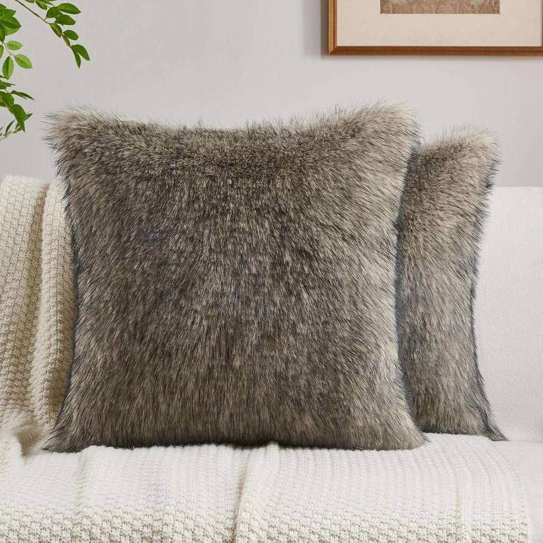 FUTEI Pack of 2 Faux Raccoon Fur Plush Throw Pillow Covers 18x18 Inch Soft Fluffy Farmhouse Decorative Cushion Case Modern Luxury Accent for Couch Bed Living Room, Gray Green