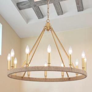 12-Lights Gold Wagon Wheel Chandelier 26.77" Large Gold Farmhouse Chandelier Vintage Circle Light Fixture for Dining Room Kitchen Island Height Ceiling Living Room