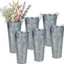 vensovo Metal Flower Bucket Vase with Handles, 9 Inch Silver Rustic Farmhouse Centerpiece for Spring Home Decor & Wedding, Set of 6