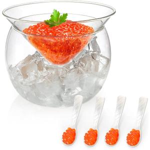 Jucoan Glass Caviar Serving Set with 4 Pcs Mother of Pearl Spoons, Caviar Dish Chiller Bowl, 8.5 oz Stemless Martini Glass with Chiller for Margaritas, Home Bar, Thanksgiving Christmas Gift for Men