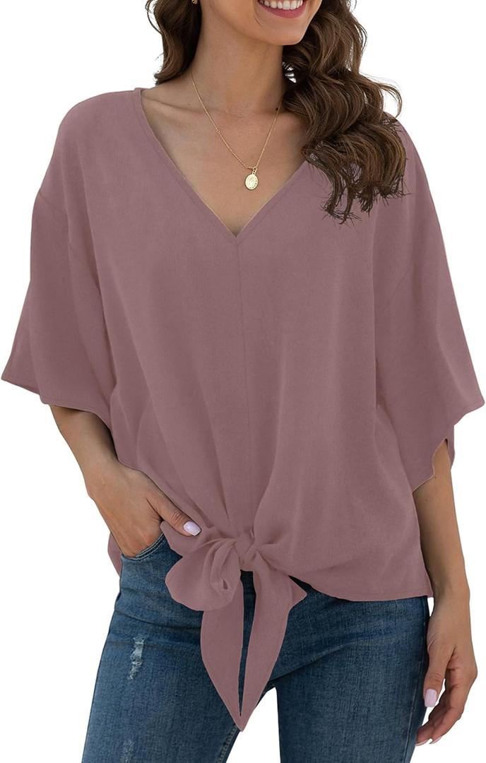 VIISHOW Womens Tie Front Loose Short Sleeve V Neck Floral Blouses Chiffon Tops Summer Shirts, Gray Pink, Large