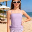 Girls Tankini Swimsuits Two Piece Bathing Suit Drawstring Swimwear Set for Girls, Size 7-8 Years (Purple)
