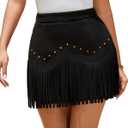 Women Suede Fringe Mini Skirt with Rivets High Waist Elastic Western Cowgirl Skirts with Zipper Country Concert Outfit (Small, Black)