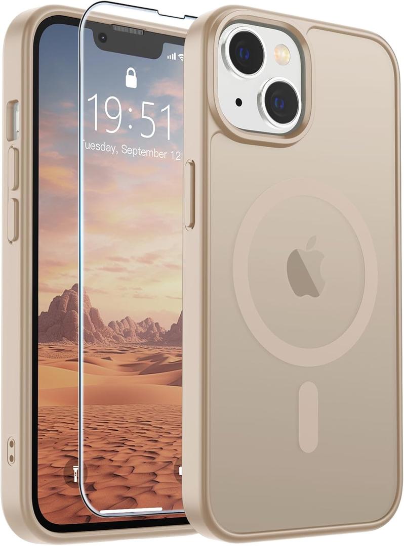SUPFINE Magnetic for iPhone 14 Case & iPhone 13 Case (Compatible with MagSafe)(Military Grade Drop Protection) Slim Translucent Matte Shockproof Phone Cover,Desert Gold