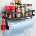 SUNTECH Paper Towel Holder with Shelf, 2-in-1 Adhesive Wall Mount Paper Towel Holder with 4 Hooks for Kitchen Garage and Tool Room, Black