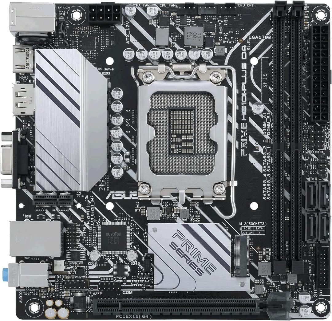 ASUS PRIME H610I-PLUS D4 LGA 1700(Intel 12th Gen&Intel vPro)mini ITX Motherboard(PCIe 4.0,DDR4,USB 3.2 Gen 1 Type-A,1Gb Lan,DP/HDMI/D-Sub,V-M.2(Key E),Q-LED,Mono-out header with amp IC,SPI TPM header)
