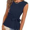 MEROKEETY Tops for Women Dressy Casual 2026 Summer Tie Front Boat Neck Cap Sleeve Business Work Blouses Shirts, Navy, Medium