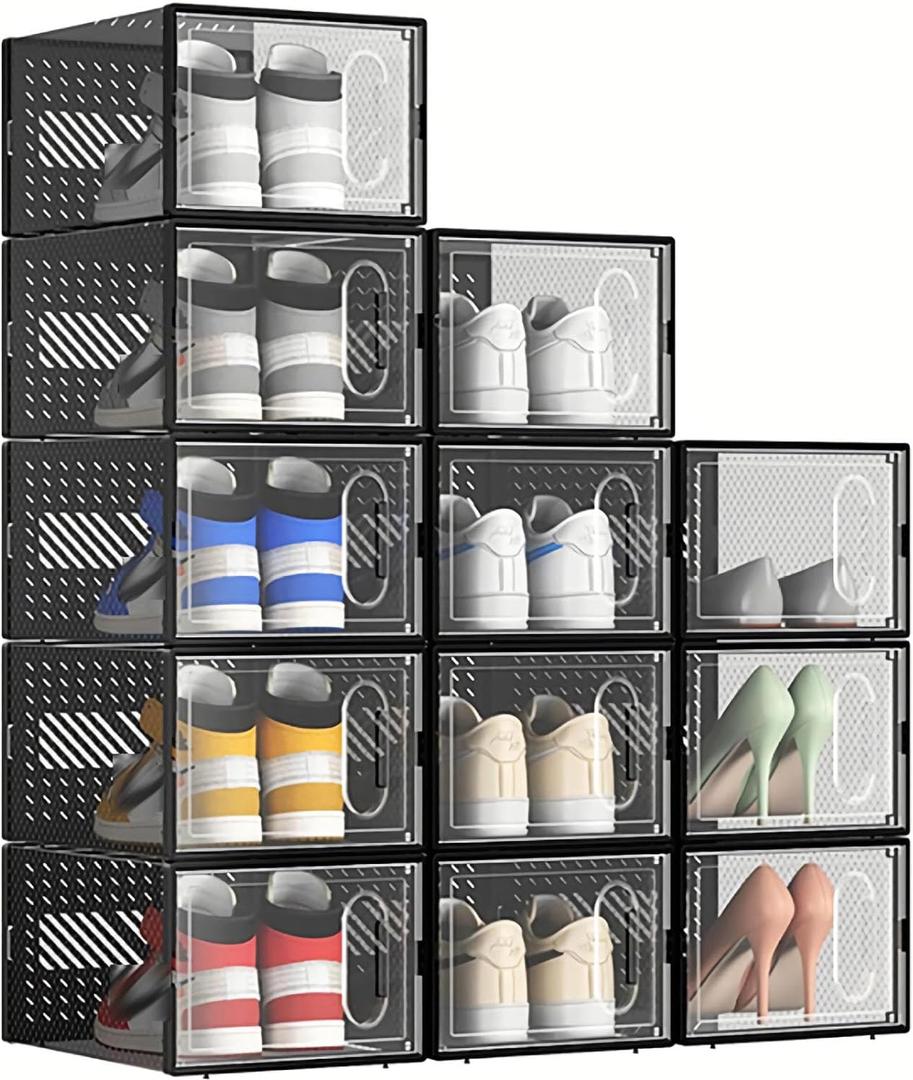 12 Packs Clear Plastic Shoebox With Magnetic Door, Large(13" 9" 5.6") Stackable Shoe Box Storage With Lids, Multifunctional Sneaker Containers, Toy Storage, Space-Saving Shoe Rack Black