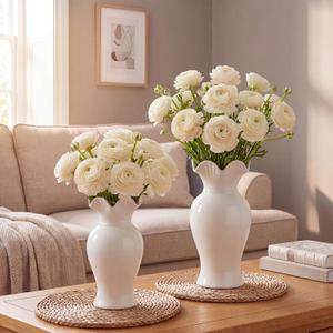 2 Pack White Ceramic Vase Set Small Rustic Decorative Vases Home Decor Wavy Edge Modern Flower Vases for Farmhouse Table Centerpiece Living Room Kitchen Bedroom (6.7,7.9in,Classic)