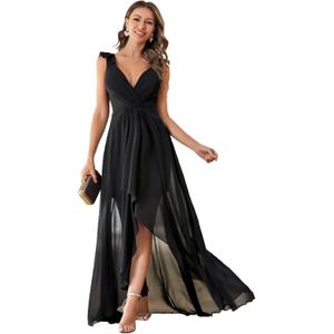 Women's Elegant V Neck Pleat Sleeveless Chiffon Ruffled Straps High-Low Hem Party Maxi Formal Dress Large
