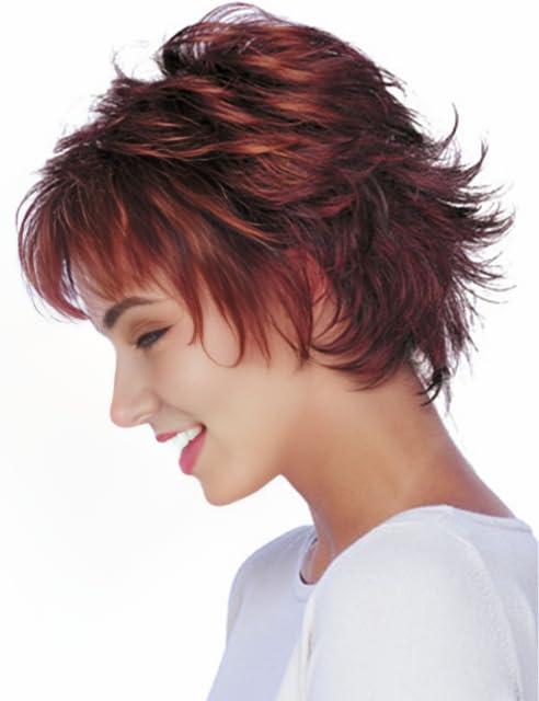 RENERSHOW Short Red Pixie Cut Wavy Wigs for White Women with Bangs Burgundy Highlight Synthetic Wig 6 Inch