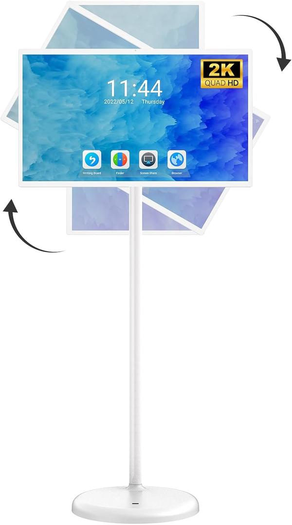 32 Inch Portable TV on Wheels, MWE 2K Smart Touch Screen Rolling TV LCD Display with Wires plugged in use, Android OS, Type-C, USB, HDMI Port, Support Wireless Mouse Keyboard (White)