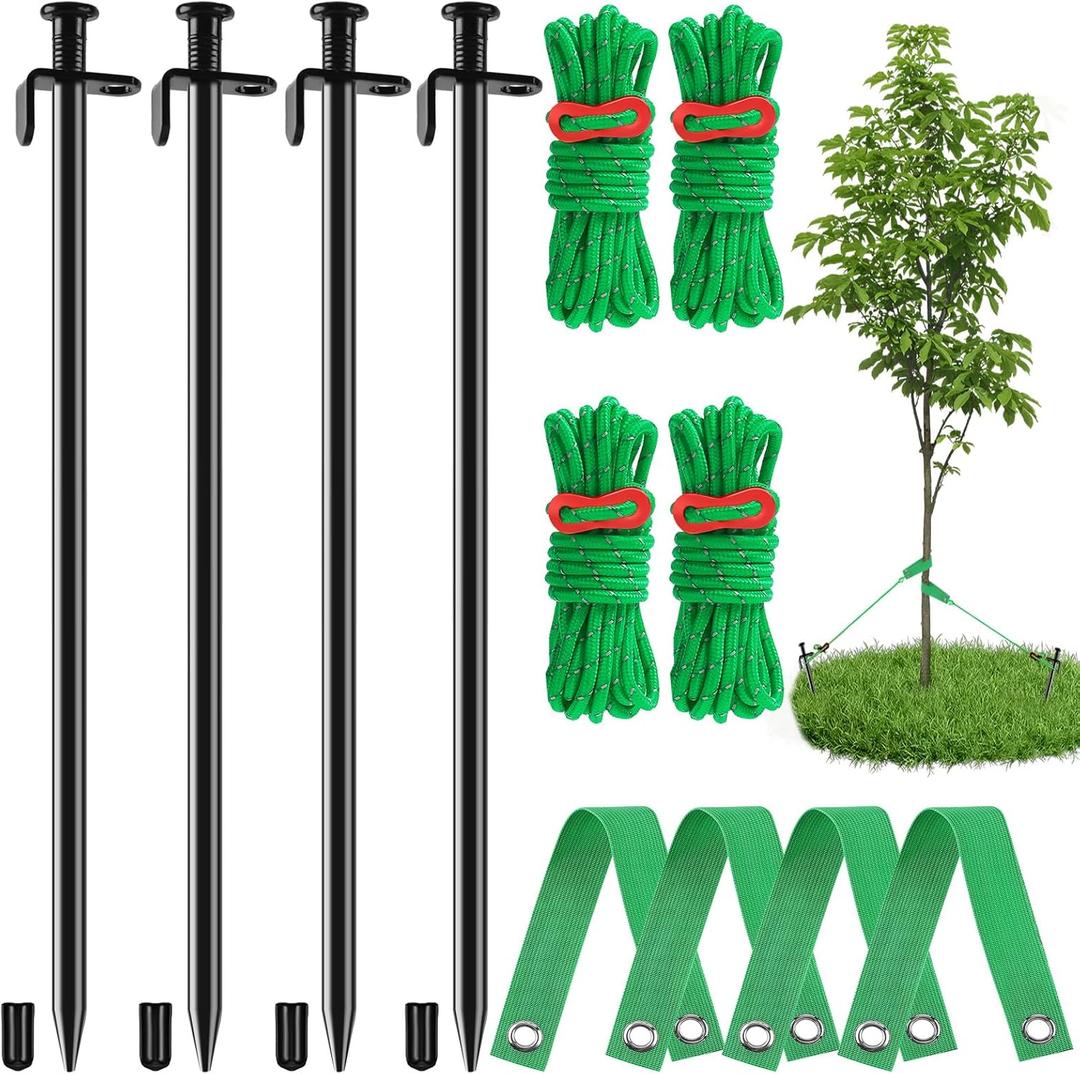 Fabulas Tree Stakes Kits, 4 Pcs 11.8 Inch Heavy Duty Steel Stakes and Supports for Leaning Young Trees Straightening with 4 Pcs Support Straps and 13.2ft Anchor Ropes, Against Strong Wind Bad Weather