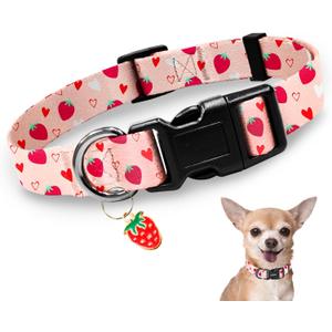 Kazazoo Dog Collar Cute and Soft Nylon Puppy Collar Girl, Adjustable Dog Collars for Medium Large Dogs, Strawberry-L