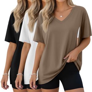 3 Pack Women's Oversized Nursing Shirts for Breastfeeding with Hidden Zippers, Loose Fit Short Sleeve Maternity Tops, X-Large (Light Brown, White, Black)