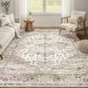 Area Rug 7x9 Washable Vintage - Soft Traditional Rugs for Living Room Large Non Slip Backing with Low Pile Farmhouse Oriental Retro Carpet for Bedroom Dining Room or Home Office - Tea Brown