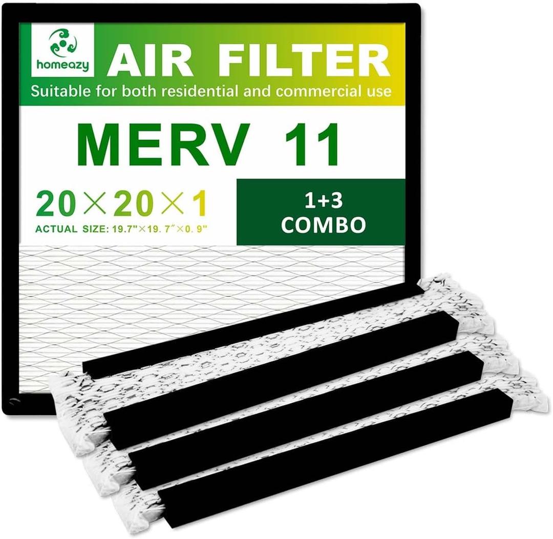 20x20x1 Air Filter MERV 11: House Pleated HVAC AC Furnace Air Filters Replacement - Actual Size: 19.7x19.7x0.9 Inches - 3 Filters + 1 Frame