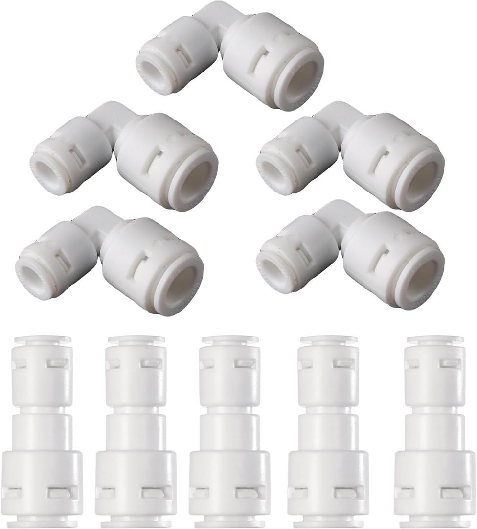 10-Pack 3/8" to 1/4" Push to Connect Fitting Kit - 5 Straight + 5 Elbow Adapters for RO Water Systems/Refrigerators | POM Quick Connect Fittings with Leak-Proof Seals