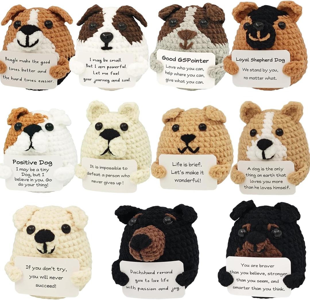 11Pcs Positive Crochet Dog Animals Doll Upgraded Yarn Christmas Birthday Gifts for Women Men Handmade Toy Cheer Up Support Inspirational for Daughter Son Coworker Desk Home Decor