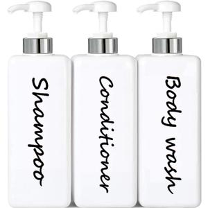 21oz Shampoo and Conditioner Dispenser (Set of 3) Modern Refillable Shampoo Pump Bottles for Shower Soap - Empty Shampoo Conditioner Body Wash Dispenser Set - Stylish Permanent Labels - for Bathroom (Sliver White)