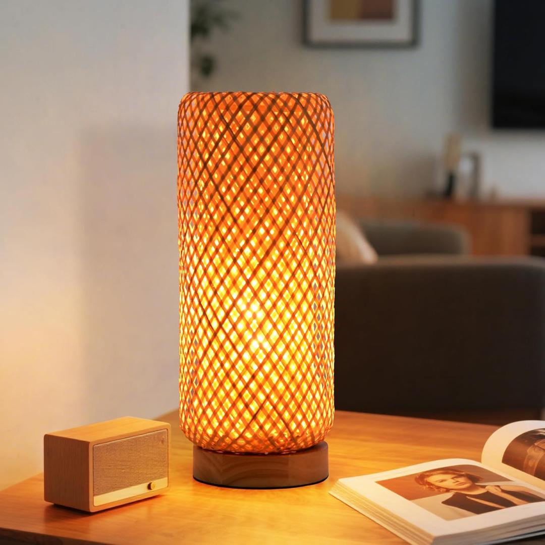 Behemian Bamboo Table Lamp, Dimmable Rustic Farmhouse Hand Wicker Desk Lamp Bedside Lamps Night Light Decorations for Bedroom, Living Room, Home Office, Nursery, Reading Nook (Bulb Included)