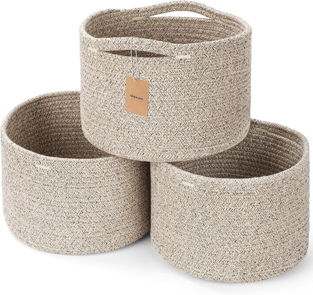 Small Rope Baskets for Storage, Baskets for Gifts Empty, Cute Round Woven Basket, Decorative Shelf Baskets 9.829.827.1", Cotton Toy Basket Storage Bins for Organizer 3 Packs-Brown